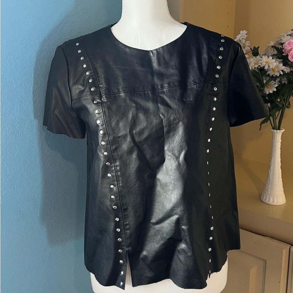 Y2K Womens Faux Leather M/L Studded Top Black Moto Rocker Edgy Grunge Biker Goth